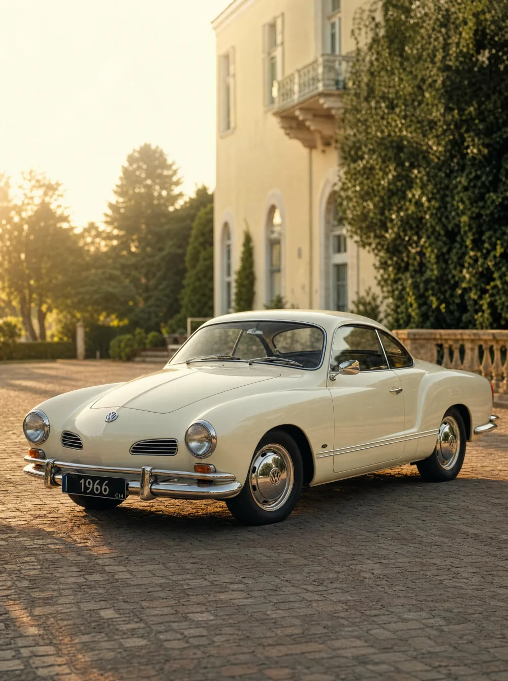 Klassieke Volkswagen Karmann Ghia coupé uit 1966 in ivoorcrème, driekwart vooraanzicht in gouden ochtendlicht.