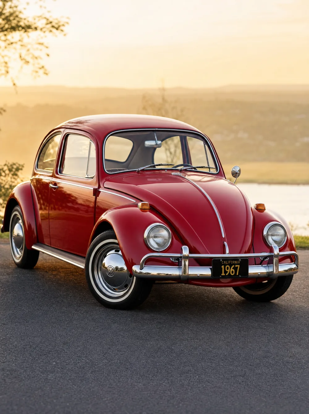 Klassieke Volkswagen Kever (Type 1) uit 1967 in robijnrood, driekwart vooraanzicht in gouden ochtendlicht.