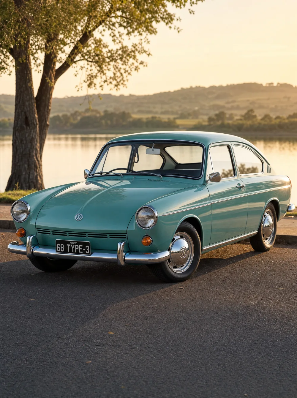 Klassieke Volkswagen Type 3 1600 Fastback uit 1968 in zeegroen, driekwart vooraanzicht in gouden ochtendlicht.