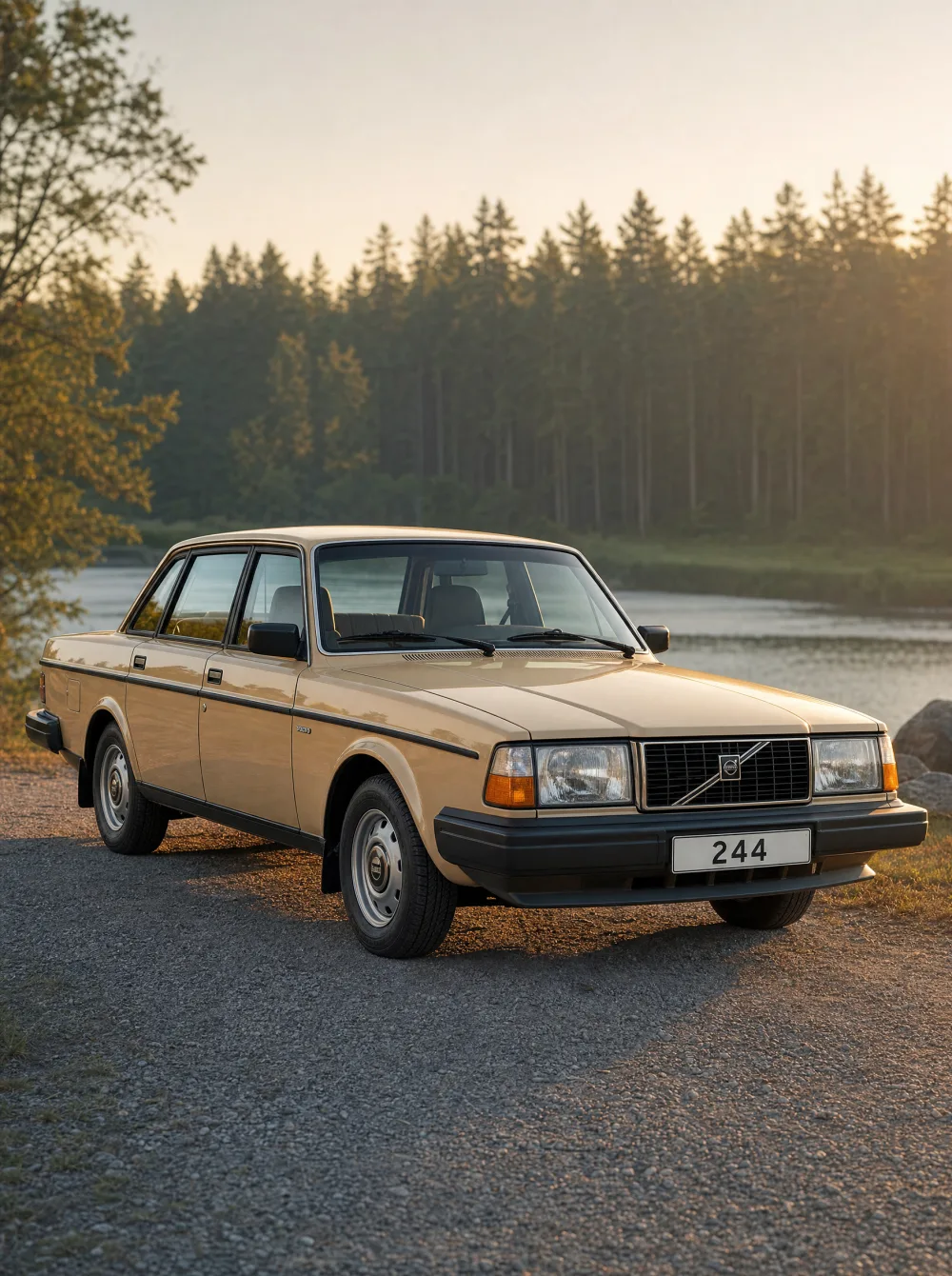 Klassieke Volvo 244 sedan (240-serie) uit 1980 in zandbeige, driekwart vooraanzicht in gouden ochtendlicht.
