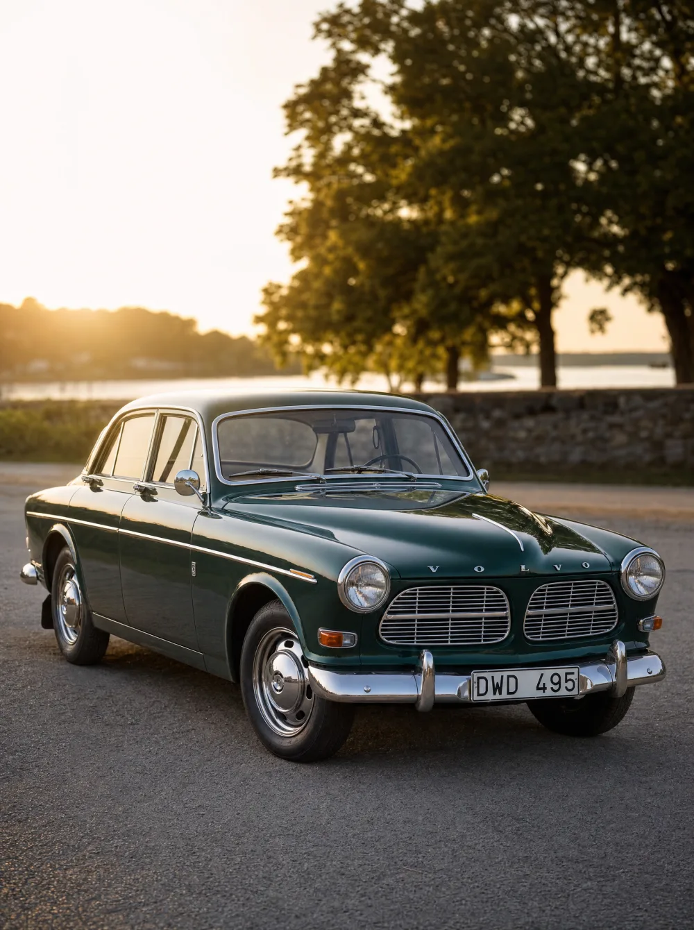 Klassieke Volvo Amazon 121 sedan (120-serie) uit 1965 in donkergroen, driekwart vooraanzicht in gouden ochtendlicht.