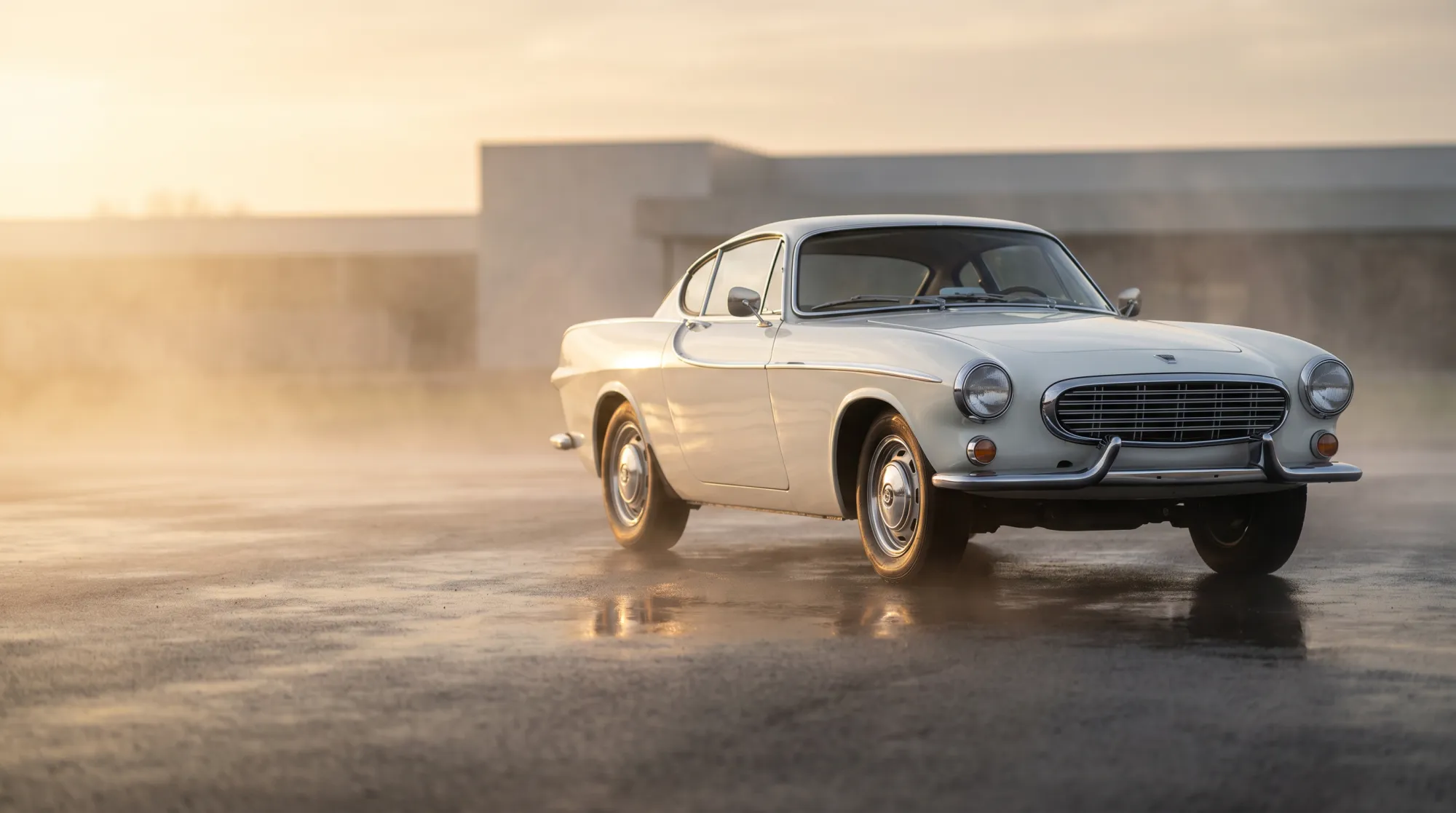 Klassieke Volvo P1800 uit 1965 in wit, driekwart vooraanzicht in gouden ochtendlicht.