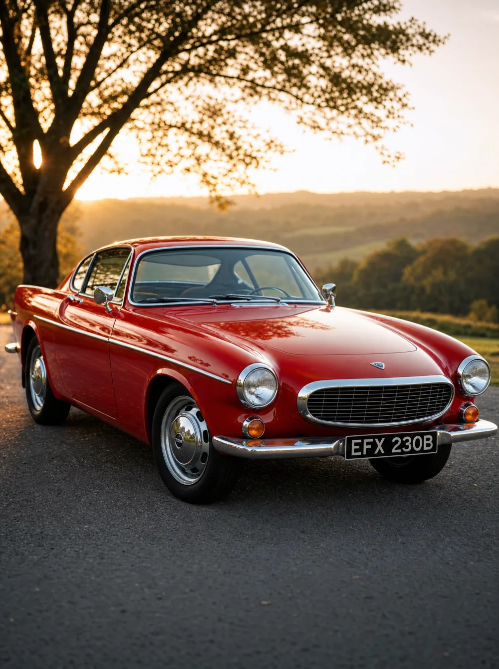 Klassieke Volvo P1800 coupé uit 1965 in rood, driekwart vooraanzicht in gouden ochtendlicht.