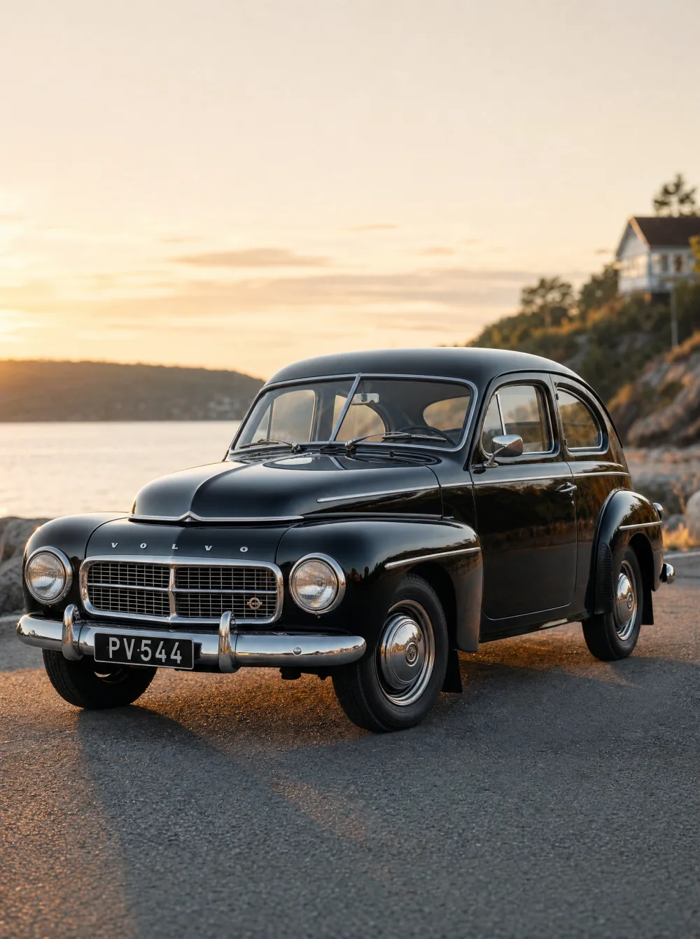 Klassieke Volvo PV544 uit 1960 in zwart, driekwart vooraanzicht in gouden ochtendlicht.